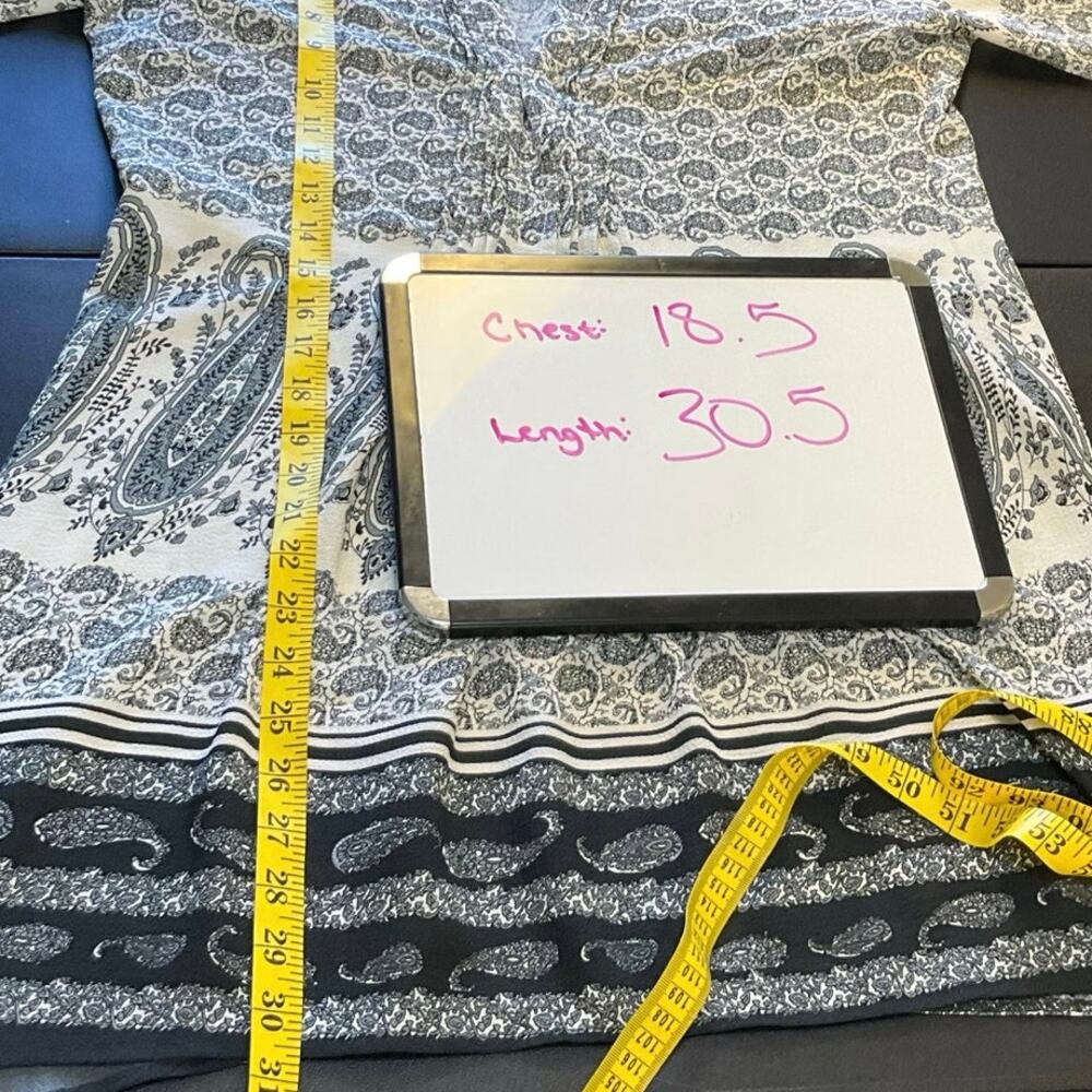 Angie Black & White Paisley Boho Tunic Top Mini Dress Size L Peasant Style - Picture 10 of 10